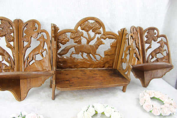 Set of 3 black forest wood carved wall shelf console hunting dog deer 1960