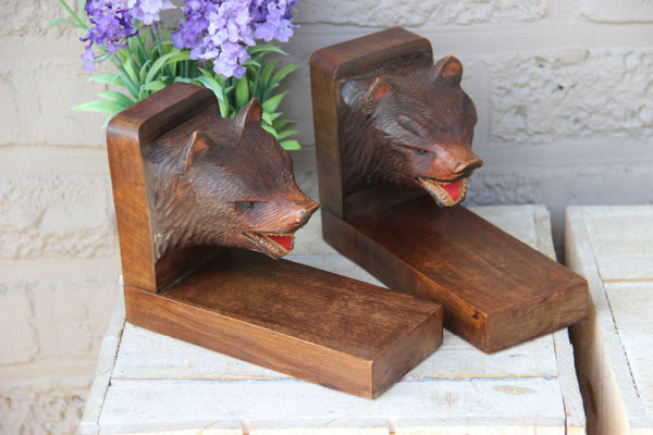 PAIR black forest German wood carved bear bookends rare