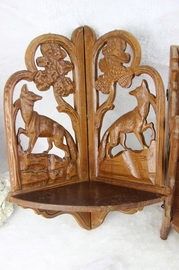 Set of 3 black forest wood carved wall shelf console hunting dog deer 1960