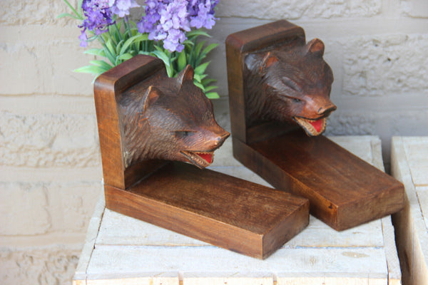 PAIR black forest German wood carved bear bookends rare