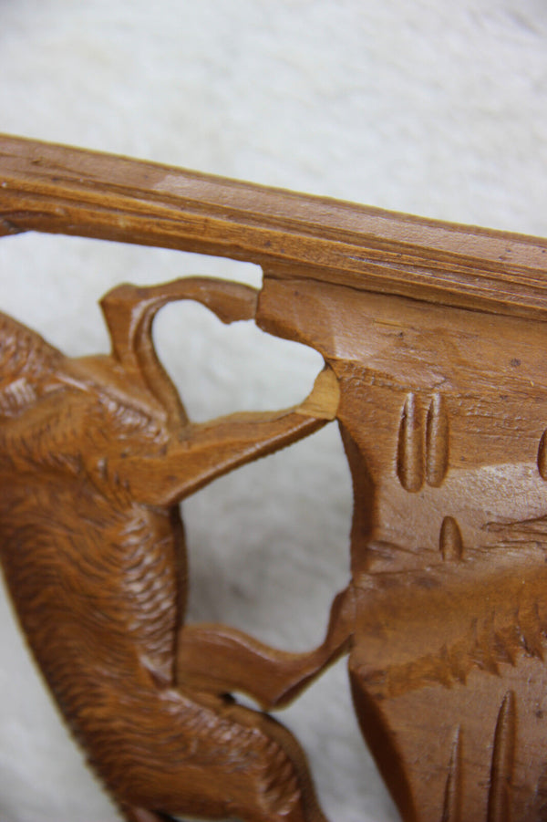 Set of 3 black forest wood carved wall shelf console hunting dog deer 1960