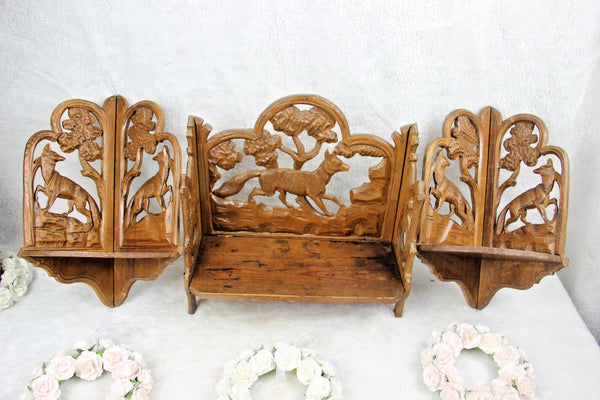 Set of 3 black forest wood carved wall shelf console hunting dog deer 1960