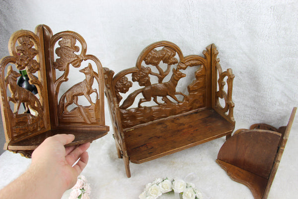 Set of 3 black forest wood carved wall shelf console hunting dog deer 1960