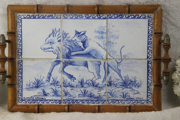 Antique Portugese Ceramic tiles serving tray plate  hunting dog catching boar