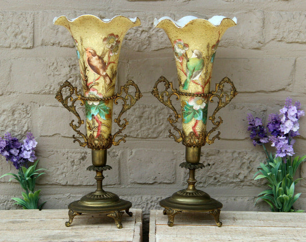 Rare top Antique French art nouveau pair glass enamel hand paint bird vase