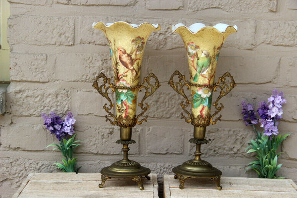 Rare top Antique French art nouveau pair glass enamel hand paint bird vase