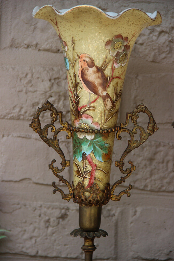 Rare top Antique French art nouveau pair glass enamel hand paint bird vase