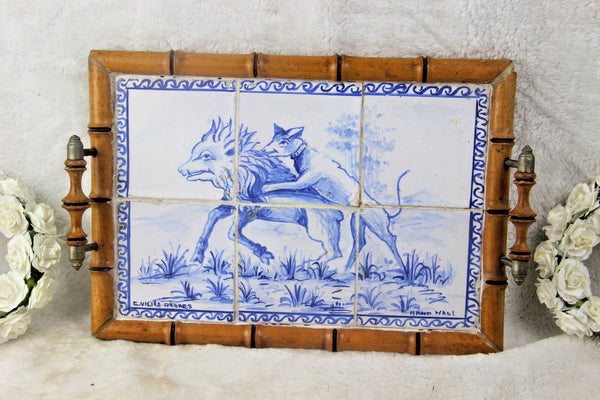 Antique Portugese Ceramic tiles serving tray plate  hunting dog catching boar