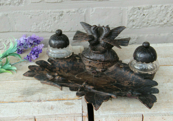 Antique black forest wood caved birds couple inkwell desk