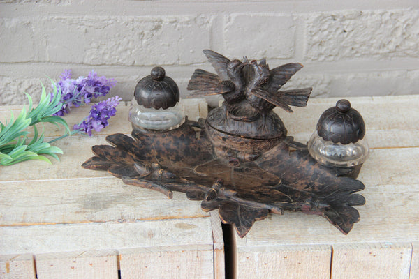 Antique black forest wood caved birds couple inkwell desk