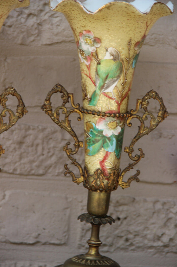 Rare top Antique French art nouveau pair glass enamel hand paint bird vase