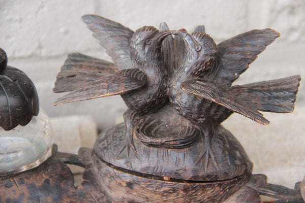 Antique black forest wood caved birds couple inkwell desk