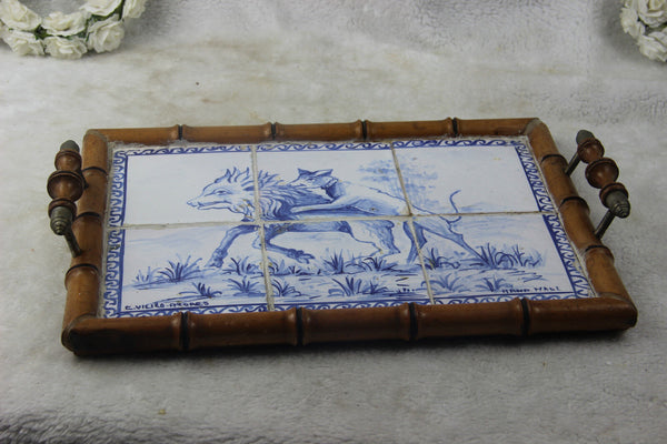 Antique Portugese Ceramic tiles serving tray plate  hunting dog catching boar