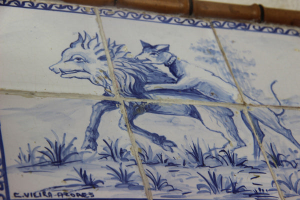 Antique Portugese Ceramic tiles serving tray plate  hunting dog catching boar