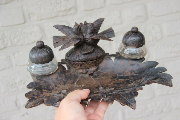 Antique black forest wood caved birds couple inkwell desk