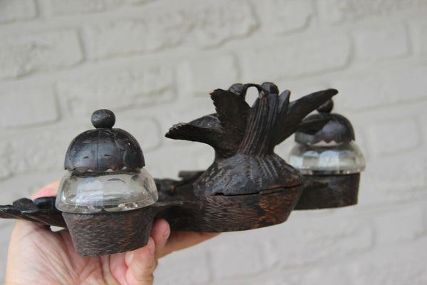 Antique black forest wood caved birds couple inkwell desk