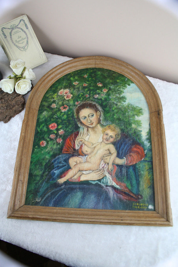 Gorgeous Flemish 60's Religious painting panel madonna child wood plaque