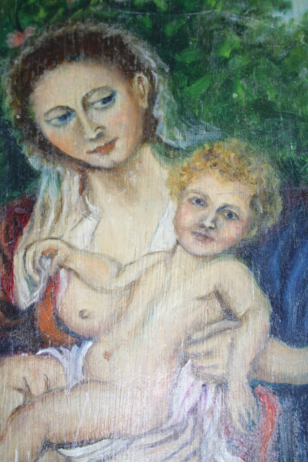 Gorgeous Flemish 60's Religious painting panel madonna child wood plaque