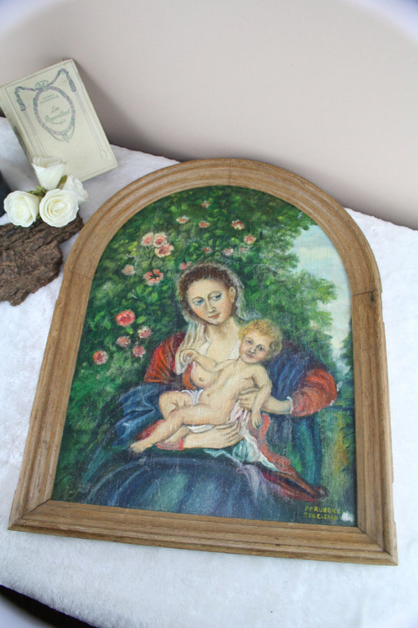 Gorgeous Flemish 60's Religious painting panel madonna child wood plaque