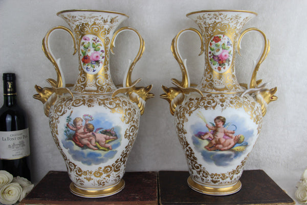 PAIR antique 1900 Vieux paris porcelain Putti angels scene floral dolphin Vases