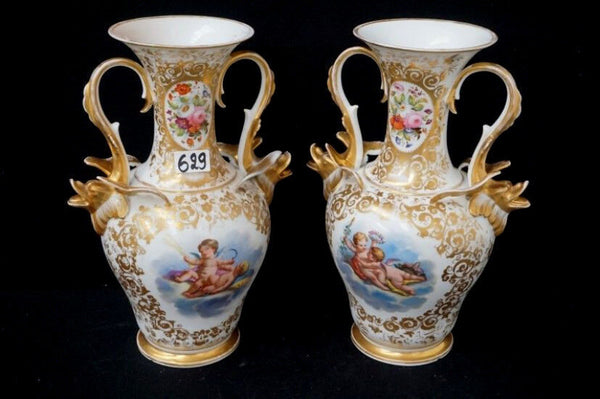 PAIR antique 1900 Vieux paris porcelain Putti angels scene floral dolphin Vases