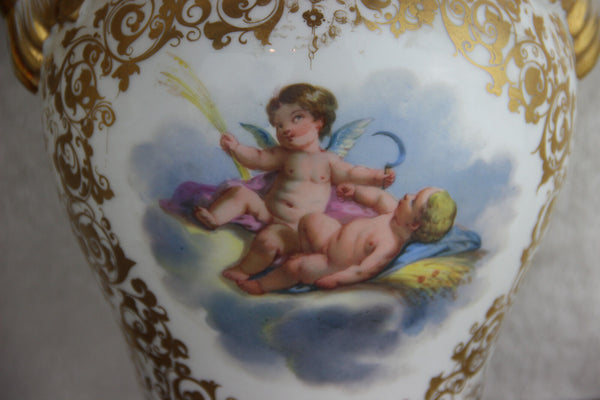 PAIR antique 1900 Vieux paris porcelain Putti angels scene floral dolphin Vases