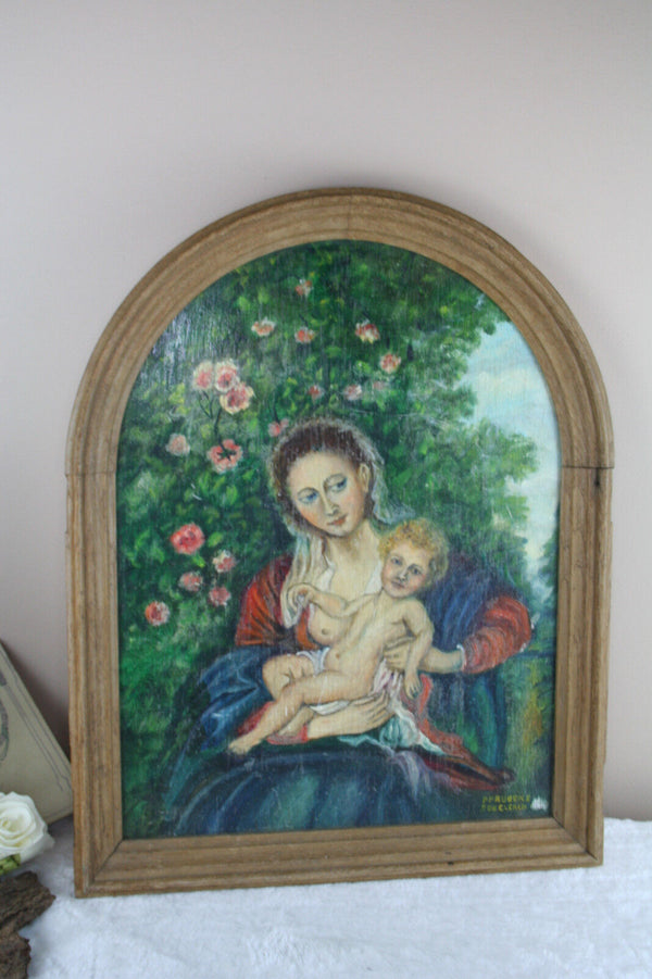 Gorgeous Flemish 60's Religious painting panel madonna child wood plaque