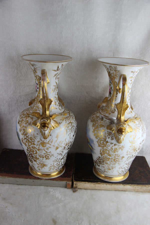 PAIR antique 1900 Vieux paris porcelain Putti angels scene floral dolphin Vases