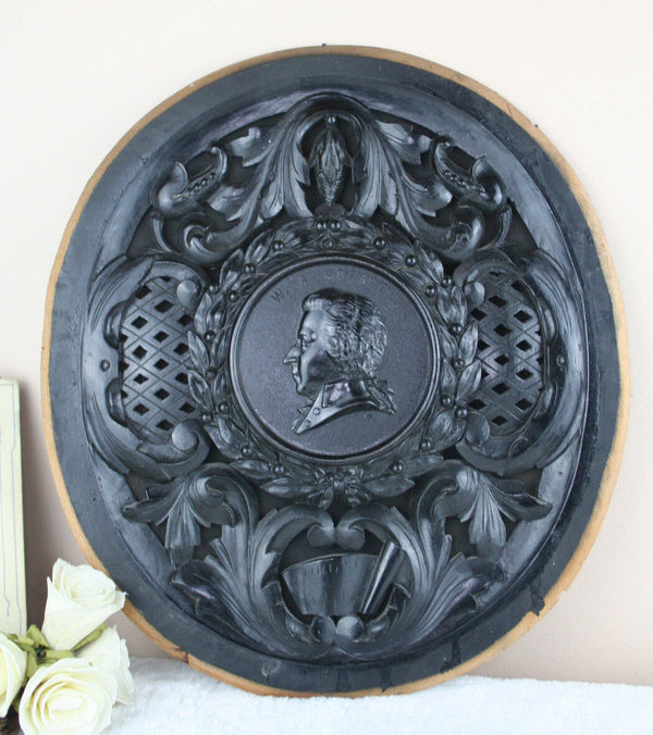 French 19thc Napoleon III black wood carved oval medaillon wall plaque mozart