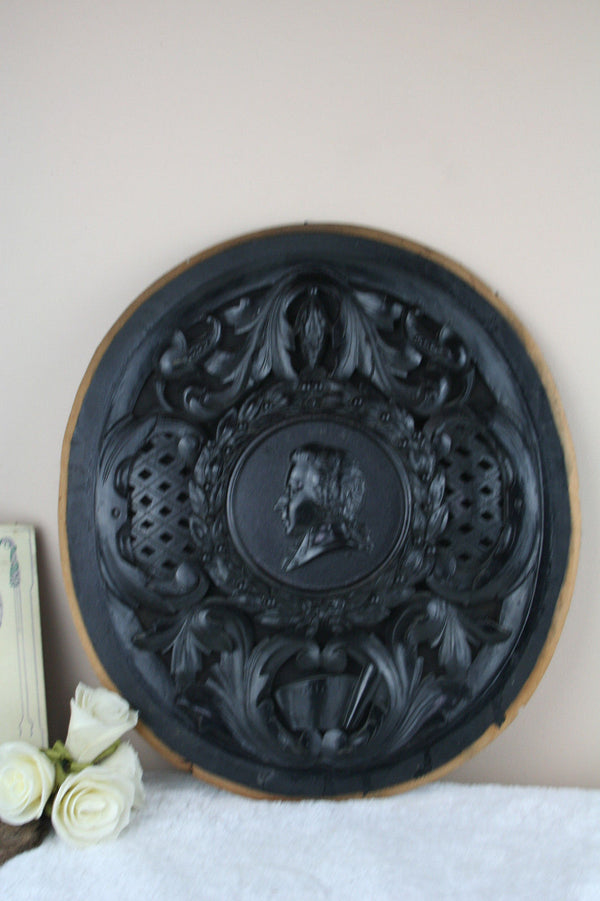 French 19thc Napoleon III black wood carved oval medaillon wall plaque mozart