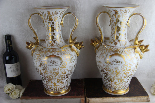 PAIR antique 1900 Vieux paris porcelain Putti angels scene floral dolphin Vases