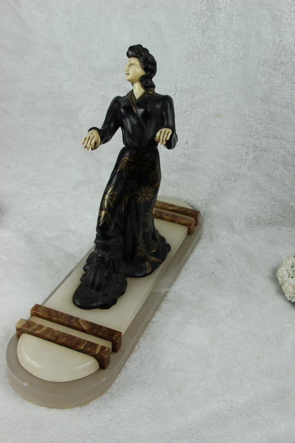 XL ART DECO 1930 french elegance lady statue marble onyx base spelter ivorine