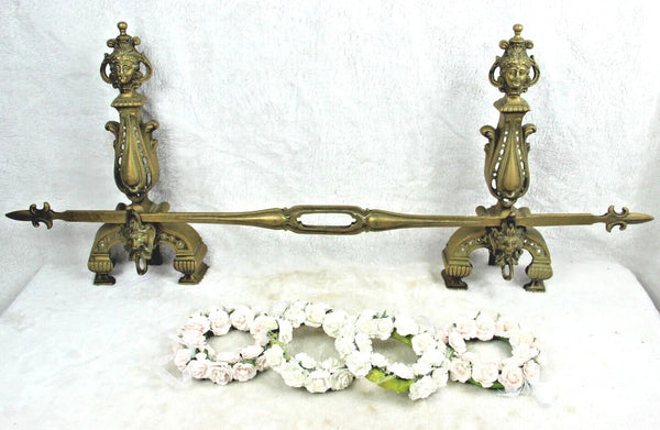 Bronze antique Fireplace andiron mantel set fleur de lys Caryatid satyr devil