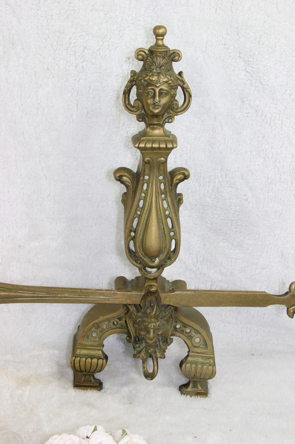 Bronze antique Fireplace andiron mantel set fleur de lys Caryatid satyr devil