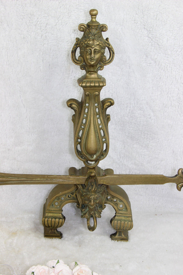 Bronze antique Fireplace andiron mantel set fleur de lys Caryatid satyr devil