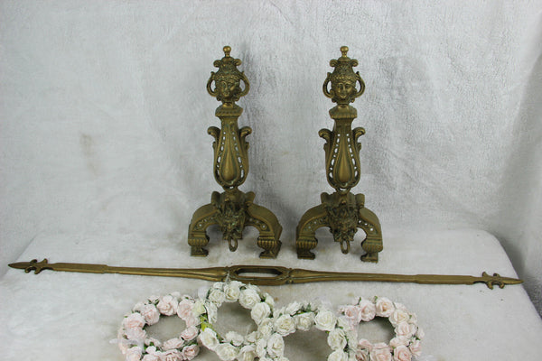 Bronze antique Fireplace andiron mantel set fleur de lys Caryatid satyr devil