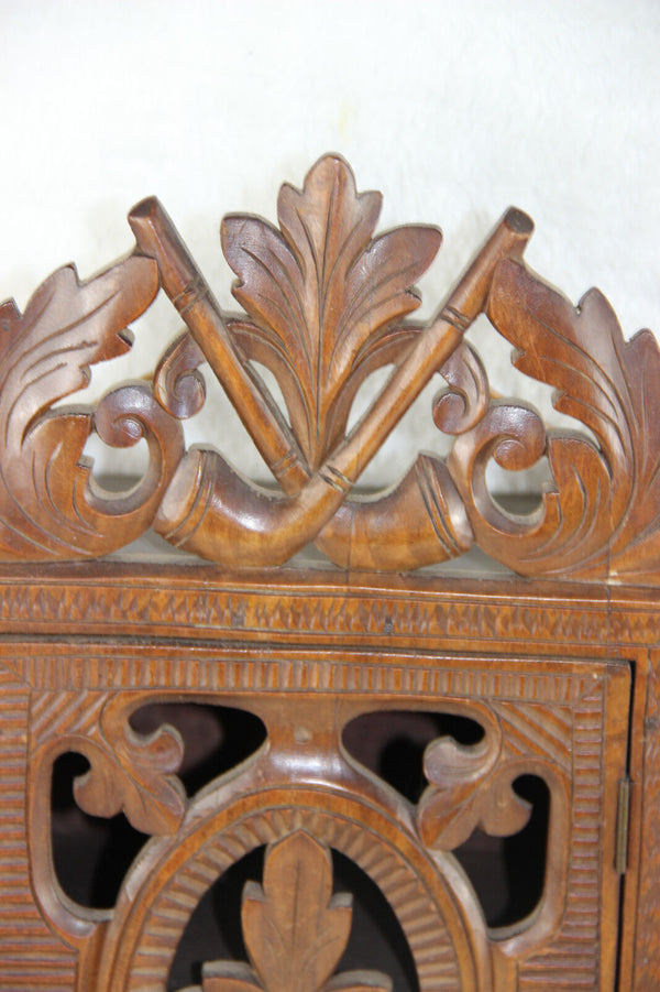 Antique black forest wood carved apothecary wall cabinet pipes tobacco