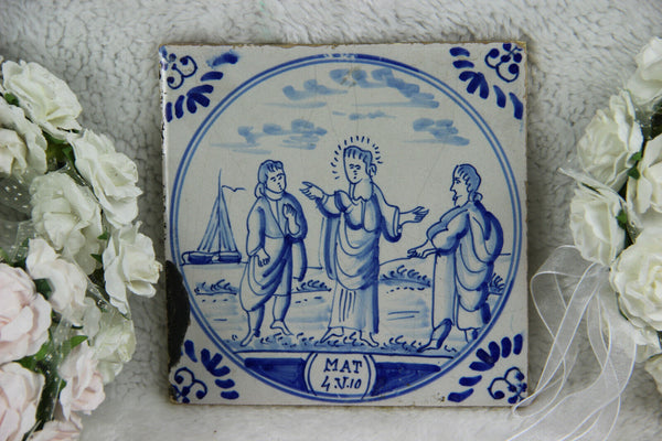 Antique 18thc DELFT pottery tile ceramic Bible religious scene