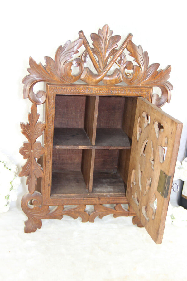 Antique black forest wood carved apothecary wall cabinet pipes tobacco