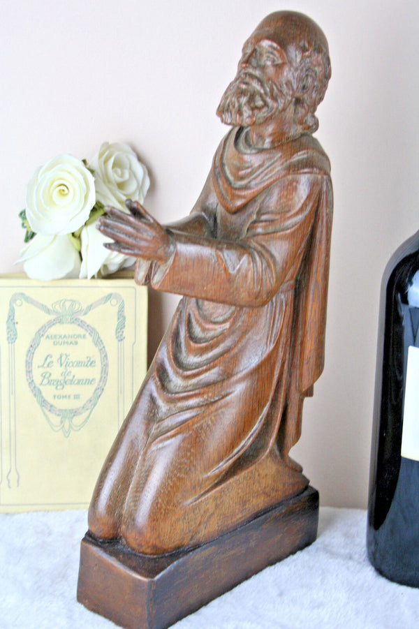 Antique Religious Figurine praying jesus / joseph kneeling statue wood carved