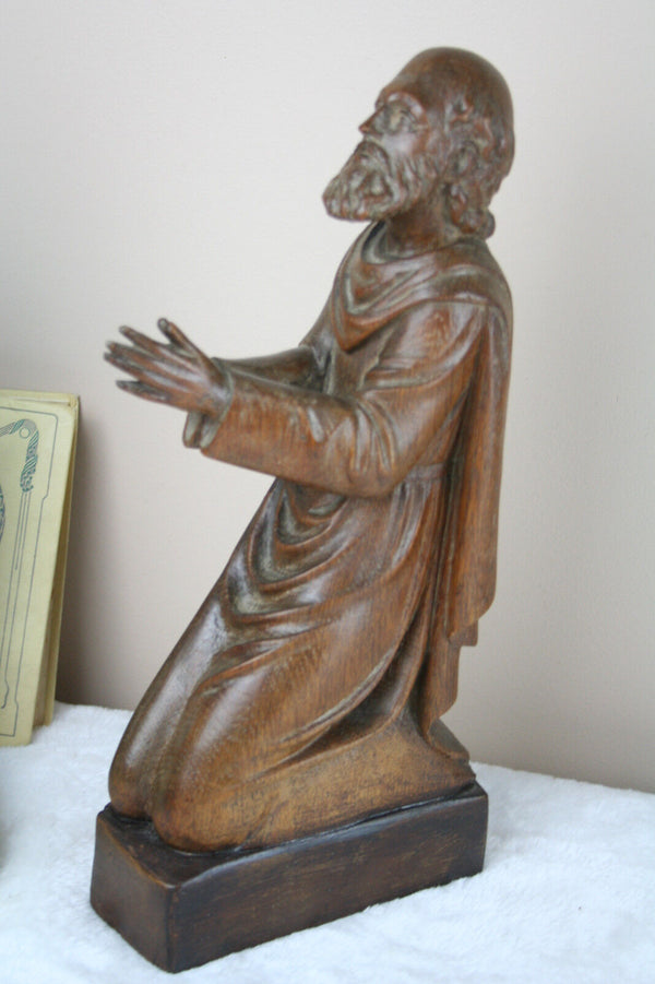 Antique Religious Figurine praying jesus / joseph kneeling statue wood carved