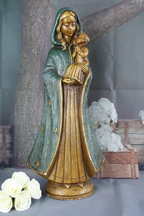 Antique XL 52cm Holy MAdonna signed MERLINI art deco fleur de lys cape