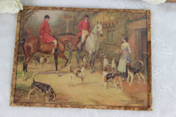 Antique French 1900 french hunting fox dogs horses chromo litho plaque marked