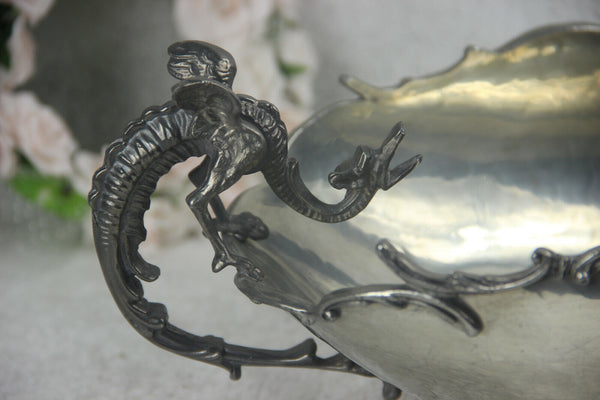 ANTIQUE Italian Centerpiece bowl gothic dragons  PELTRO PEWTER metal