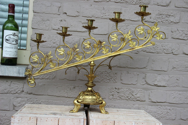 XL Antique Church Altar brass  5 arm candelabra candle holder religious