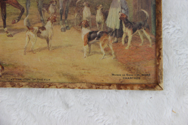 Antique French 1900 french hunting fox dogs horses chromo litho plaque marked