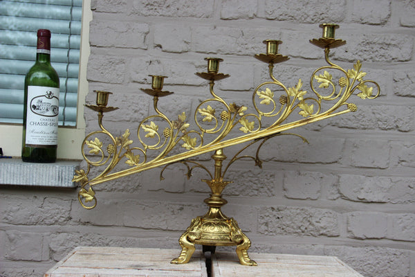 XL Antique Church Altar brass  5 arm candelabra candle holder religious