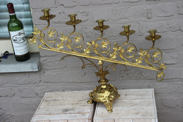 XL Antique Church Altar brass  5 arm candelabra candle holder religious