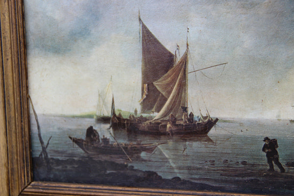 Vintage oil canvas painting fisherman boats maritime 1970s