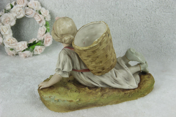 Royal DUX Czech marked porcelain figurine girl basket vase planter